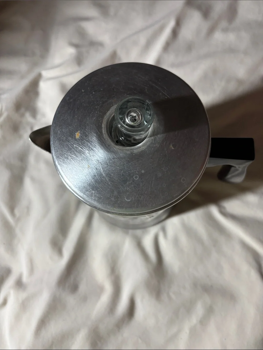 Vintage Silver Aluminum Coffee Percolator with Black Handle